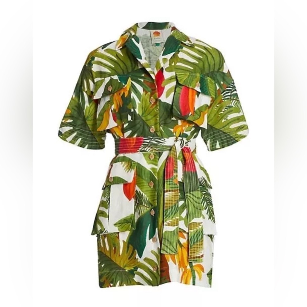 Farm Rio Cocoa Forest Utilitary Mini Dress Size Small Tropical Pockets